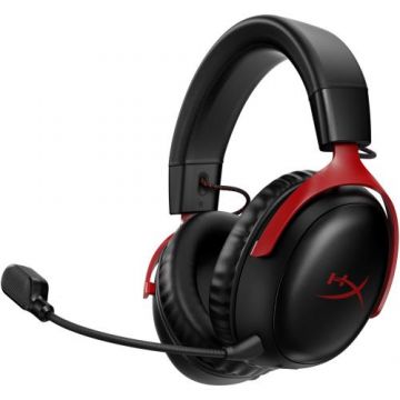 Casti Gaming Wireless HyperX Cloud III, DTS Headphone:X Spatial Audio, 2.4GHz, spuma cu memorie, microfon 10mm metal mesh si noise cancelling, PC/PS5/PS4/Switch (Rosu/Negru)