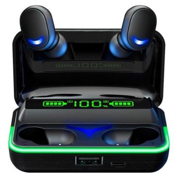 Casti True Wireless Rebel SN-E10, Bluetooth, Touch Control, Functie PowerBank (Negru/Verde)