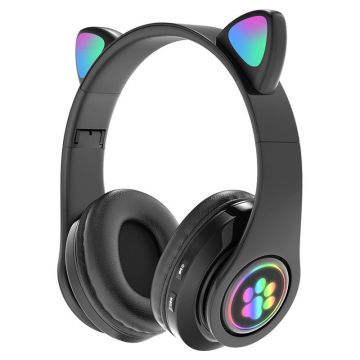Casti wireless pentru copii si adulti, Urechi de pisica, Lumini LED RGB - Negru