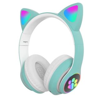 Casti wireless pentru copii si adulti, Urechi de pisica, Lumini LED RGB - Turcoiz