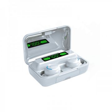 Casti wireless TWS F9-5C, cu microfon si carcasa tip power bank, touch control, Bluetooth 5.0, waterproof IPX7, alb