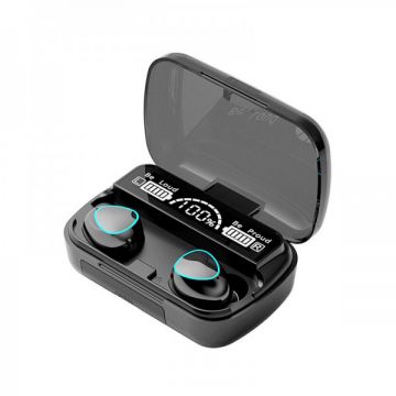 Casti wireless TWS M10, cu microfon, display digital, Bluetooth 5.1, waterproof IPX7, negru