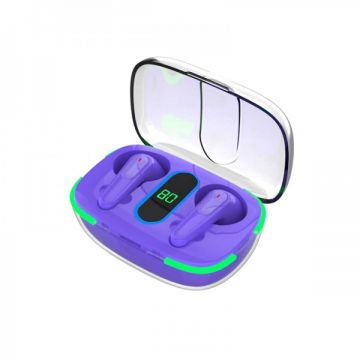 Casti wireless TWS PRO 70 pentru muzica cu microfon, Bluetooth 5.3, Rezistenta la apa IPX4, Control tactil, Display digital, Carcasa tip power bank 200mAh, Compatibilitate universala, mov