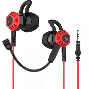 Langsdom Casti In Ear cu fir si 2 microfoane pentru gaming, G100X, suport pentru urechi, microfon detasabil si incorporat, pentru telefon, Xbox, PS4, PC, negru-rosu