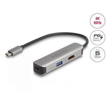 Adaptor USB type C la HDMI 4K60Hz + USB-A + USB-C 92W, Delock 61060