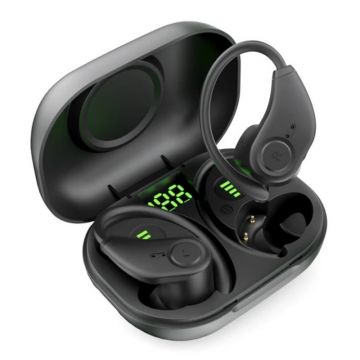 Casti wireless in-ear cu carlig flexibil Bluedio S6 TWS cu cutie de incarcare si transport Negru, Bluetooth 5.1, Control tactil, Type-C