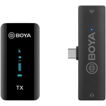 Lavaliera Boya BY-XM6-S5 cu microfon omnidirectional fara fir cu transmitator si receiver USB-C + cutie cu baterie suplimentara