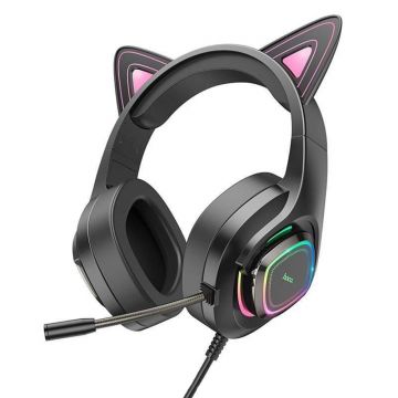 Casti Gaming On-Ear Jack 3.5mm cu LED si Microfon - Hoco Cat Ears (W107) - Negru / Roz