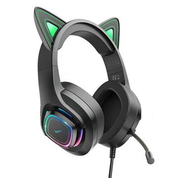 Casti Gaming On-Ear Jack 3.5mm cu LED si Microfon - Hoco Cat Ears (W107) - Negru / Verde