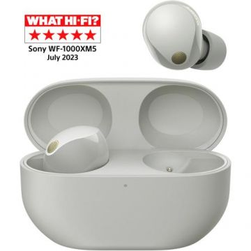 Casti True Wireless In-Ear Sony WF-1000XM5S, Bluetooth, Noise cancelling, Microfon, Autonomie de pana la 24 ore, Incarcare rapida, IPX4 (Alb/Argintiu)