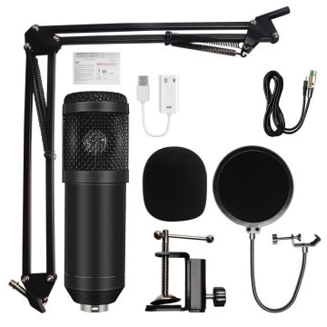 Microfon Profesional de Studio Condenser BM800 cu stand inclus pentru Inregistrare Vocala, Streaming, Gaming, Black