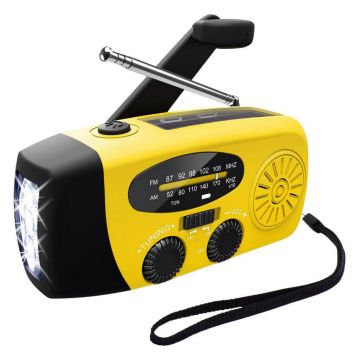 Radio Portabil ZEQAS cu incarcare solara, USB si manivela, pentru iesiri in natura, 2000 mAh, functie Power Bank, impermeabil si lanterna, galben