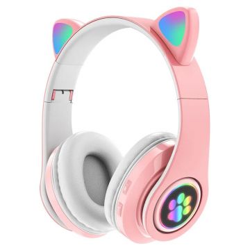 Casti wireless pentru copii si adulti, Urechi de pisica, Lumini LED RGB - Roz
