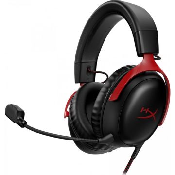 Hyperx Casti Gaming HyperX Cloud III, DTS Headphone:X Spatial Audio, drivere 53mm, microfon detasabil cu metal mesh, noise cancelling si indicator LED, jack 3,5mm, USB-C, USB-A, cupe cu spuma cu memorie, multiplatforma, Negru/Rosu