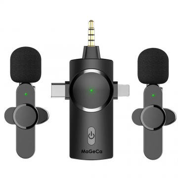 Set 2 microfoane wireless MaGeCa®, tip lavaliera 3 in 1, Reducerea zgomotului pentru inregistrarea video in aer liber, Compatibil cu iPhone/Type-C/Camera/Laptop, Negru