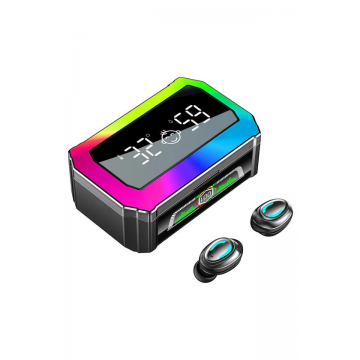 Casti Wireless In Ear, Bluetooth 5.3, Gaming, Sport, Lumini Ambientale RGB, Afisaj Digital Temperatura si Umiditate, Control Tactil, Microfon, Latenta Scazuta, Efect Sunet Panoramic 360 °, Carcasa cu inchidere Magnetica, Power Bank Incorporat, Negru