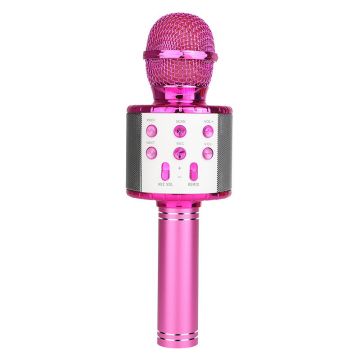 Microfon Wireless Karaoke MRG MWS858, Bluetooth, Reincarcabil, Pentru Copii, Cu Boxa, Auxiliar, Cititor Card MicroSD si USB, Roz