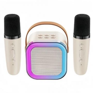 Boxa Portabila Karaoke Bluetooth RGB 10W cu 2 Microfoane Bej