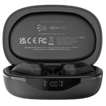 Casti alergare True Wireless Boompods Sportpods Ocean TWS, Bluetooth, Asistent vocal, Control tactil Waterproof IPX4 (Negru)