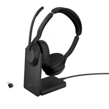 Casti Wireless Call Center Jabra Evolve2 55 UC, Bluetooth, Microfon, Stand incarcare, Autonomie 18 ore (Negru)