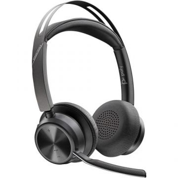 Casti Wireless Poly Voyager Focus 2, Microfon, Bluetooth, Stand de incarcare si Adaptor USB A la USB C (Negru)