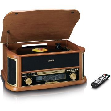 Lenco Pick-up retro Lenco TCD-2551WD din lemn cu Bluetooth®, radio AM/FM, codificare USB, CD player, casetofon, difuzoare incorporate, Lemn