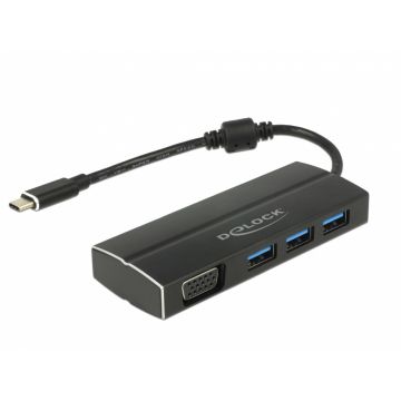 Adaptor USB-C 3.1 la VGA (DP Alt Mode) + 3 x USB-A, Delock 63932