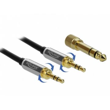 Cablu jack stereo 3.5mm 3 pini T-T + adaptor cu surub 6.35 mm 1m, Delock 85785