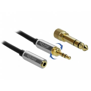 Cablu prelungitor jack stereo 3.5mm 3 pini T-M + adaptor cu surub 6.35 mm 0.5m, Delock 85779