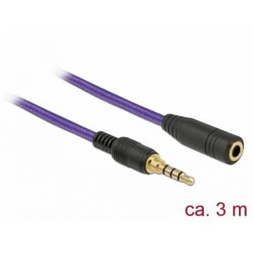 Cablu prelungitor jack stereo 3.5mm (pentru smartphone cu husa) T-M 4 pini 3m mov, Delock 85625