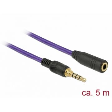 Cablu prelungitor jack stereo 3.5mm (pentru smartphone cu husa) T-M 4 pini 5m mov, Delock 85626