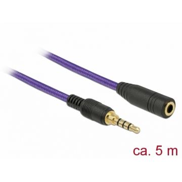 Cablu prelungitor jack stereo 3.5mm (pentru smartphone cu husa) T-M 4 pini 5m mov, Delock 85626