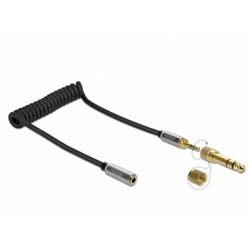 Cablu prelungitor spiralat jack stereo 3.5mm 3 pini T-M + adaptor 6.35mm 1m, Delock 85831