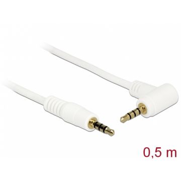 Cablu Stereo Jack 3.5 mm 4 pini unghi 0.5m T-T Alb, Delock 84736