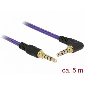 Cablu stereo jack 3.5mm 4 pini (pentru smartphone cu husa) unghi Mov T-T 5m, Delock 85620
