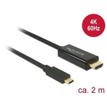 Cablu USB-C la HDMI (DP Alt Mode) 4K 60 Hz 2m T-T Negru, Delock 85291