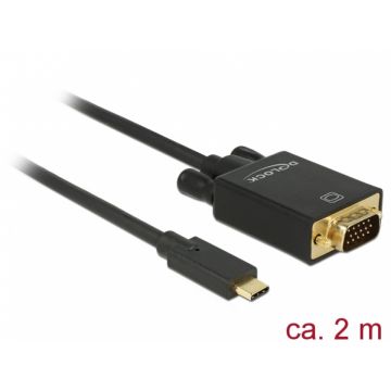 Cablu USB tip C la VGA (DP Alt Mode) Full HD 1080p 2m T-T Negru, Delock 85262