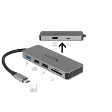 Docking Station pentru dispozitive mobile USB-C la HDMI 4K, 1 x USB 3.0-A, 2 x USB 2.0-A, SD, PD 2.0, Delock 87743