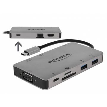 Docking Station USB-C la HDMI 4K / VGA / USB 3.1 / SD / LAN / PD 3.0, Delock 87735