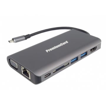 Docking station USB-C la HDMI + VGA + RJ45 + 2 x USB 3.0 + SD card + jack 3.5mm + PD, KU31DOCK08