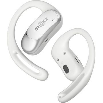 Casti alergare wireless Shokz OpenFit Air, Technologie DirectPitch™, Autonomie 6/28 ore, IP54 (Alb)