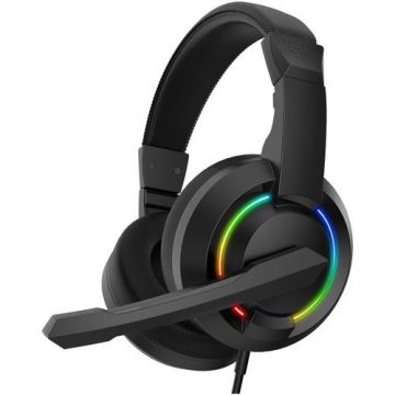 Casti Gaming Barracuda HYDRA, Over the Ear, Microfon, RGB LED, Control Volum pe fir, Cablu 2m, 2 x Jack 3,5mm + USB (doar pentru iluminare), Compatibilitate PC (Negru)