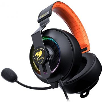 COUGAR GAMING Casti gaming cu fir Cougar Phontum Pro Prix, drivere 53mm, noise cancelling, iluminare RGB, PC/Multimedia/PlayStation 4/5, Negru-Portocaliu
