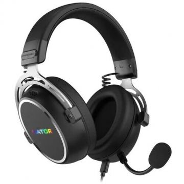 HATOR Casti gaming cu fir Hator Hypergang 3, conectivitate USB Type-C/USB Type-A, material membrana compozit, Virtual 7.1 Surround Sound, logo iluminat RGB, frecventa raspuns 10Hz-44kHz, impendanta 32Ω, microfon detasabil unidirectional, Negru