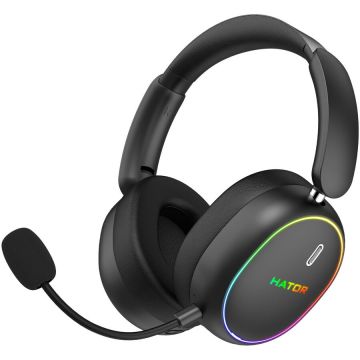 HATOR Casti gaming wireless Hator Phoenix 2, material membrana PET, frecventa raspuns 10Hz-44kHz, impendanta 32Ω, putere maxima 30mW, autonomie baterie pana la 45 de ore, acoperire UV, iluminare RGB, microfon detasabil unidirectional, Negru