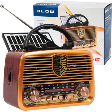 Radio portabil analogic cu panou solar Blow RA10, AM/FM, AUX, USB, Difuzor 2.5inch, Acumulator 1200 mAh (Maro)