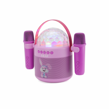 Akai Boxa Karaoke cu doua microfoane fara fir, Akai JoyBoxKids, LED colorate, Bluetooth 6.0, design iepuras, Roz