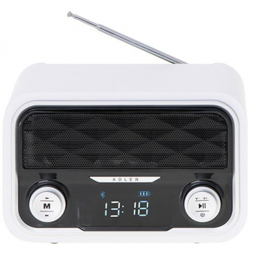 ADLER Radio Bluetooth FM ADLER, 50 de statii de memorie, MP3, Port USB si card SD, Fara fir, Portabil, Baterie 1800 mAh, Micro USB, Alb/Negru (AD1185)
