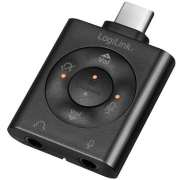 logilink Adaptor audio Logilink, intrare 1 x USB-C tata, iesire 2xJack 3.5mm, egalizator cu 7.1 surround, volum, mute, Negru