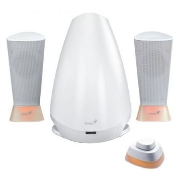 Boxe Genius Lumina 2.1, 25W RMS, Bass puternic, Sunet clar, Remote Control, Telecomanda, Port 3,5 mm, Albe